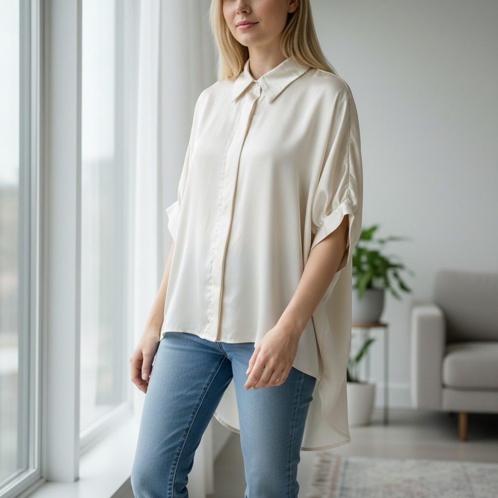Glam Dolman Sleeve Satin Button Up Top Cream High Low Office Euro Chic Size L